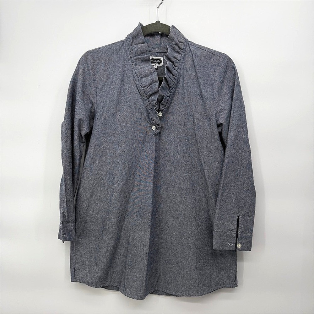 Mud Pie Tunic Top Ruffle V-Neck Chambray Blue Casual Blouse Linen Look Small